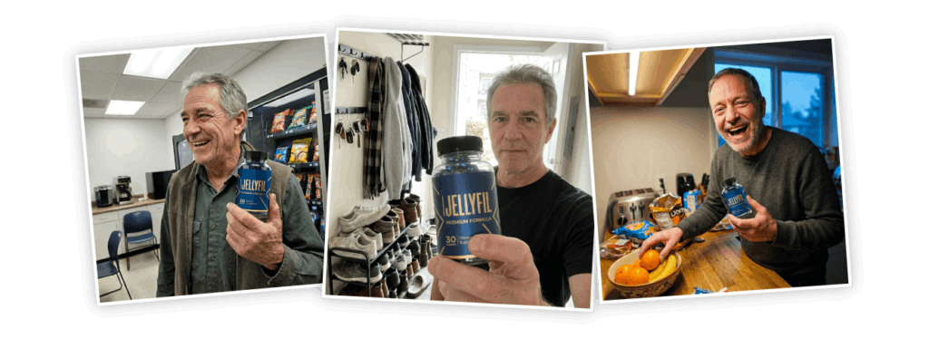 Customers holding their JellyFil bottles at home and at work