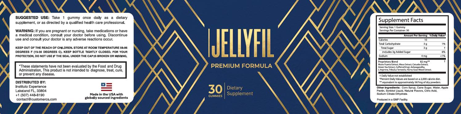 JellyFil bottle label with supplement facts, suggested use and warnings