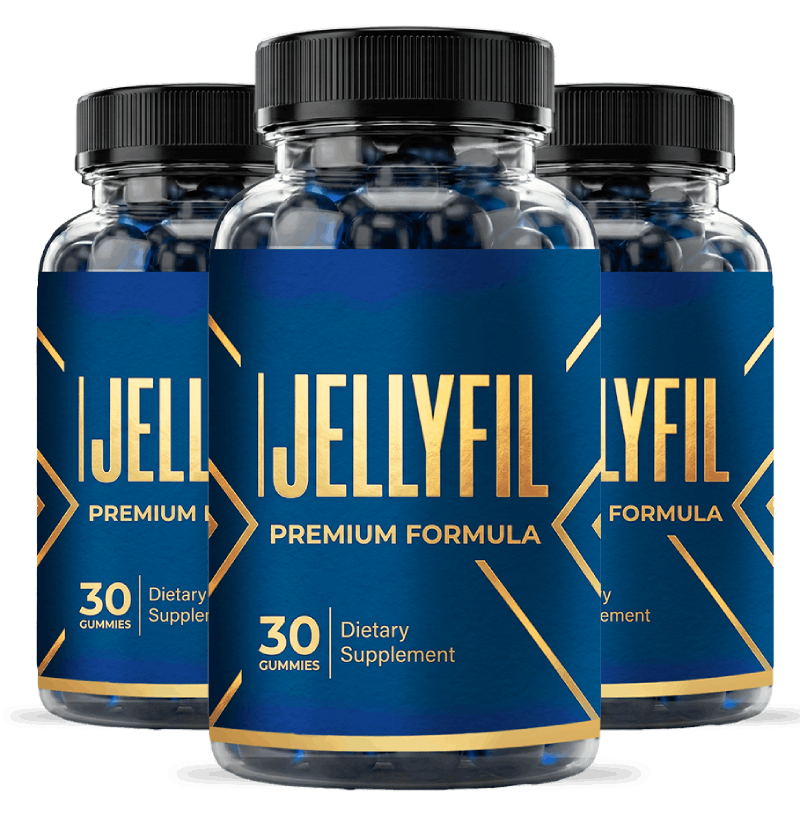 Three bottles of JellyFil Premium Formula male support gummies