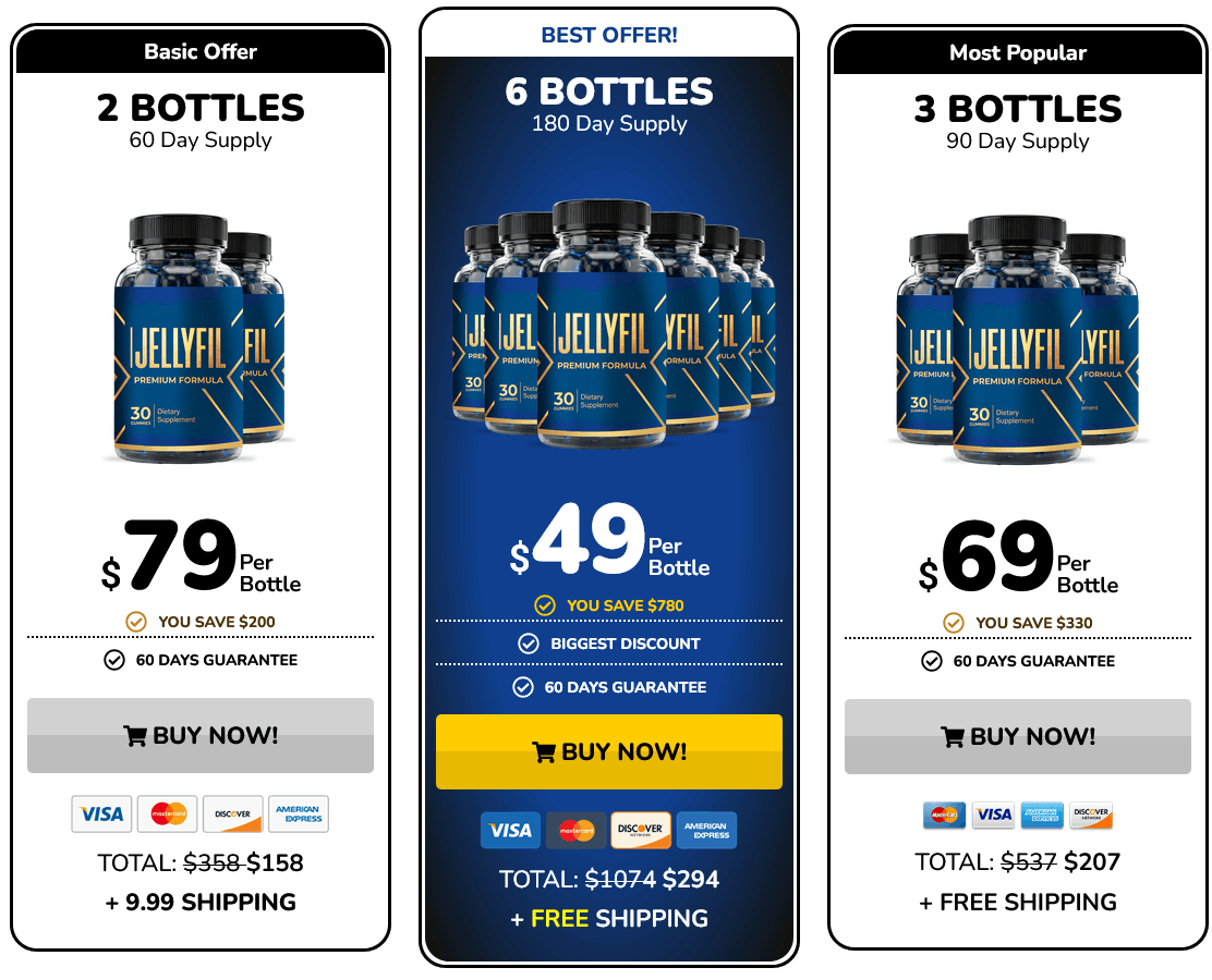 Official JellyFil pricing table for 2, 3 and 6 bottle packages