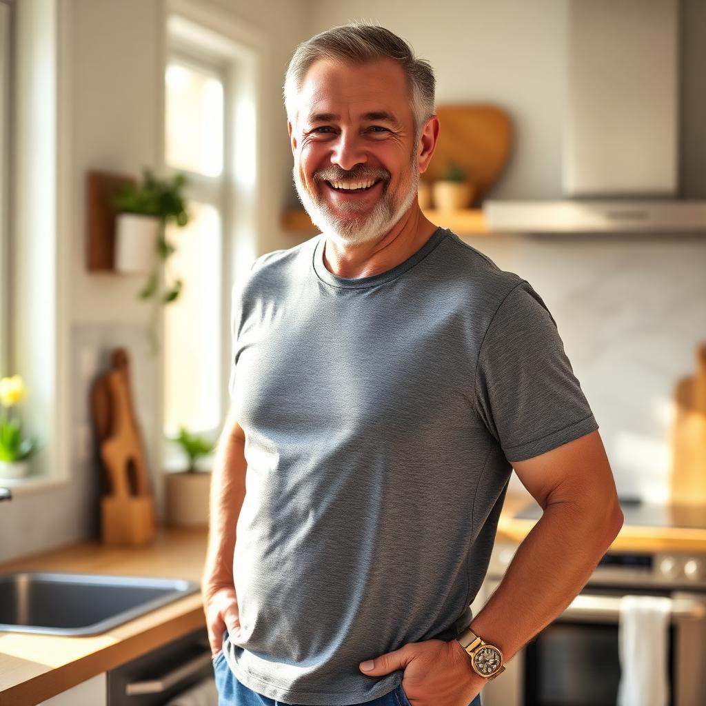 Smiling middle-aged man feeling energetic at home